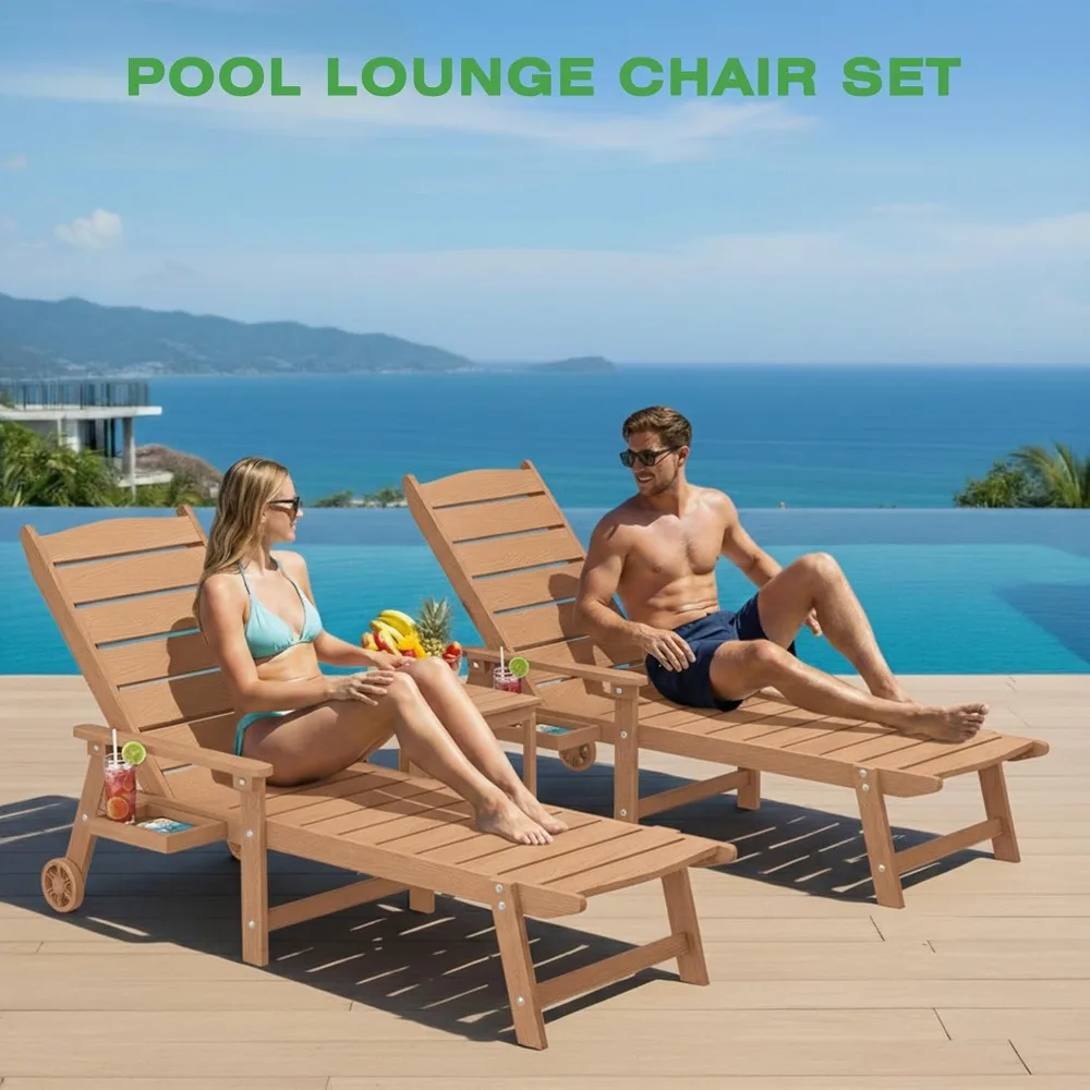 Outdoor Lounge Chairs Set of 2, 6.3ft Outside Chaise Pool Lounger with Wheels,5-Position Adjustable Backrest, Customized