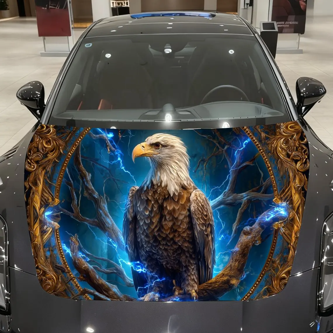 

Golden Frame Thunder Eagle Roars on Blue Branch Car Vinyl Wrap, PVC Material Waterproof Car Hood Sticker, Self-Adhesive Scratch-