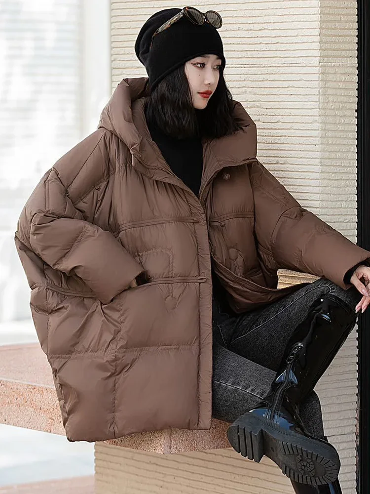 Janveny 90% White Duck Down Jacket Women Hooded Autumn Winter Warm Plus Size Puffer Coat Oversize Casual Loose Female Parkas