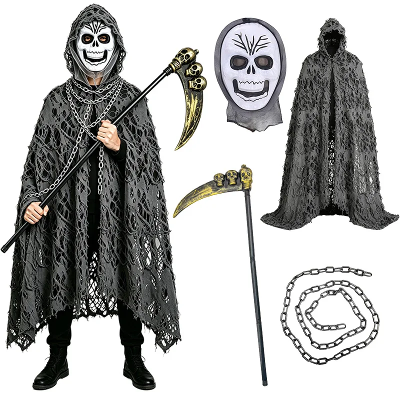 

THEEPER Halloween Costume for Men Women Tattered Hooded Cloak Set Horror Cosplay Outfit Haunted House Halloween Party Dress Up