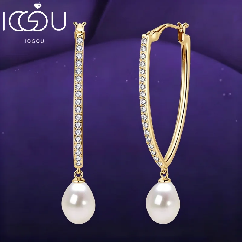 IOGOU 9-10mm Natural Freshwater Pearl Earrings for Women 925 Sterling Silver Zironia Earring Wedding Engagement Jewelry Gift