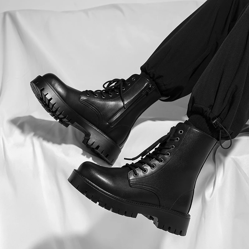 

Men High Top Boots PU Thick Sole Round Toe Classic Comfortable Motorcycle Boots Men Boots Size 38-48