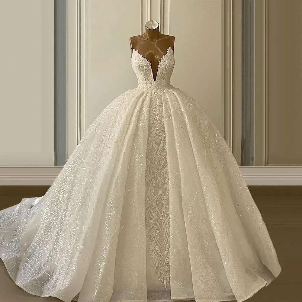 

Sexy Deep V Neck Ball Gown Wedding Dress Lace Beaded Sparkly Bridal Gown With Long Train For Bride Robes De Mariee Customized