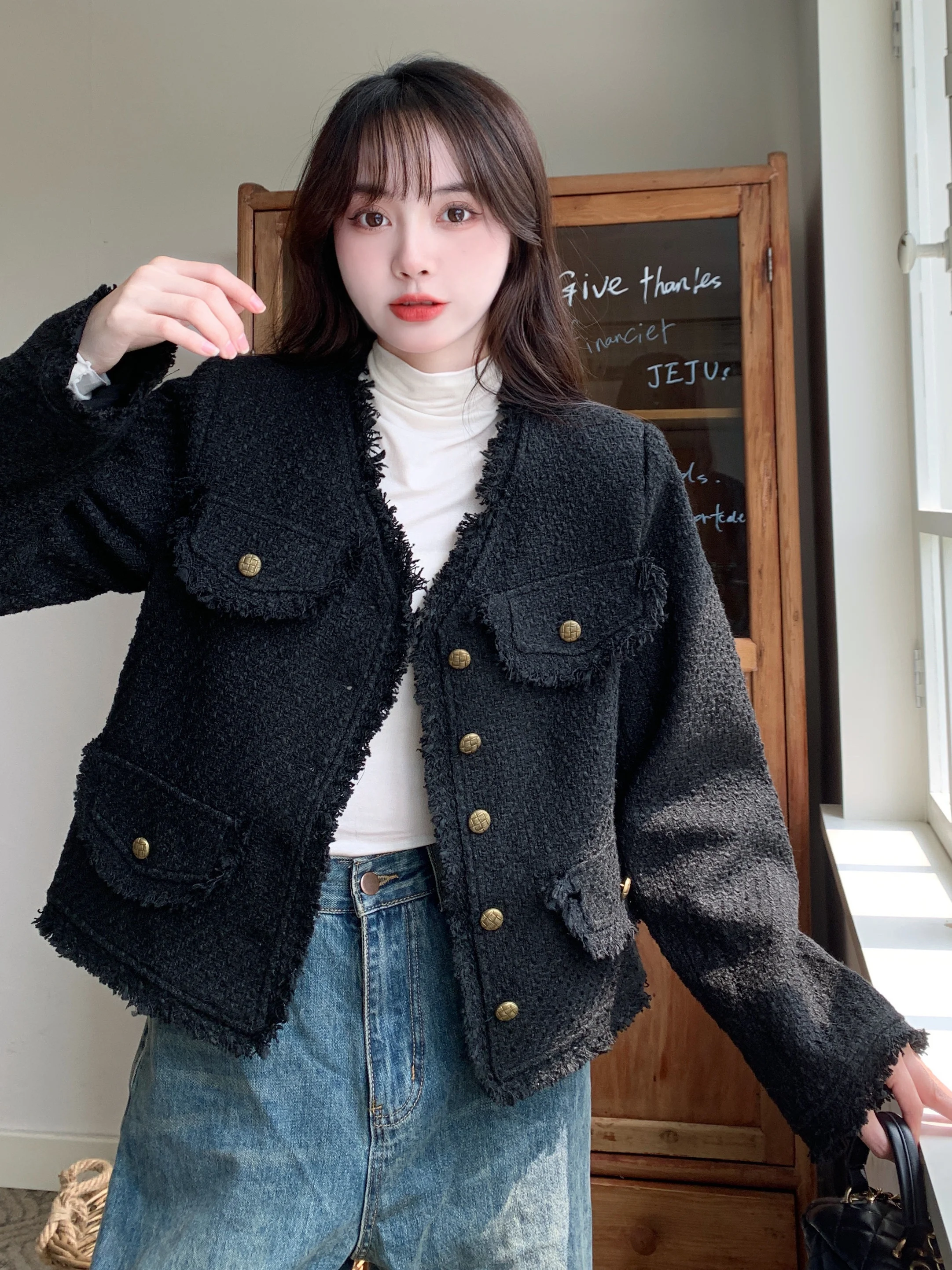 

plus Size Black Fragile Style Jacket Coat Autumn Winter New Style Loose Slimming Design Cotton Inserted Upperwear for Women