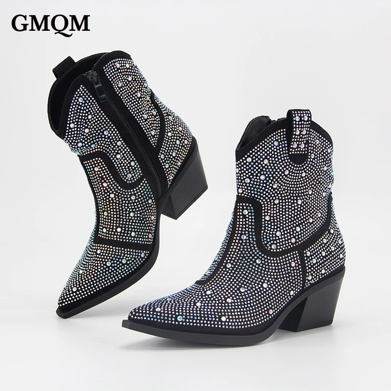 GMQM Luxury Designer Women\'s Western Cowboy Boots New 2023 Autumn Rhinestone Shiny Ankle Boots Chunky Heels Pointed Toe Shoes