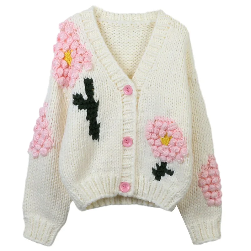 

2025 Autumn And Winter New Women's Sweater Cardigan Boho Flower Crochet V-neck Long Sleeve Loose White Knitted Cardigan Jacket