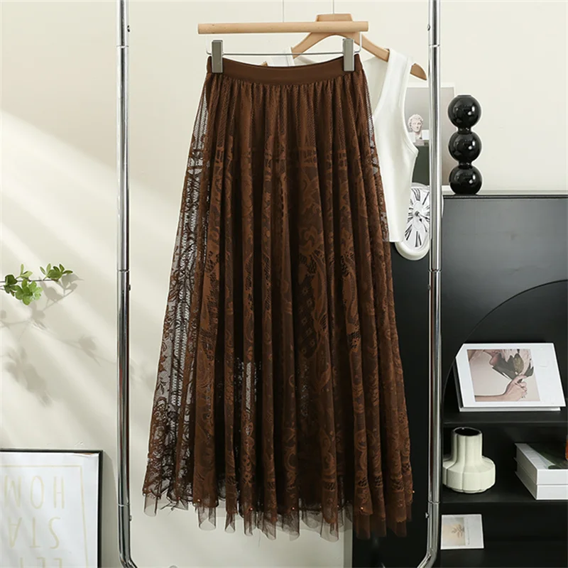 New Summer Beading Embroidery Mesh Skirt Women Elastic High Waist Hollow Out Lace Skirts Ladies A-Line Large Hem Long Skirt Saia