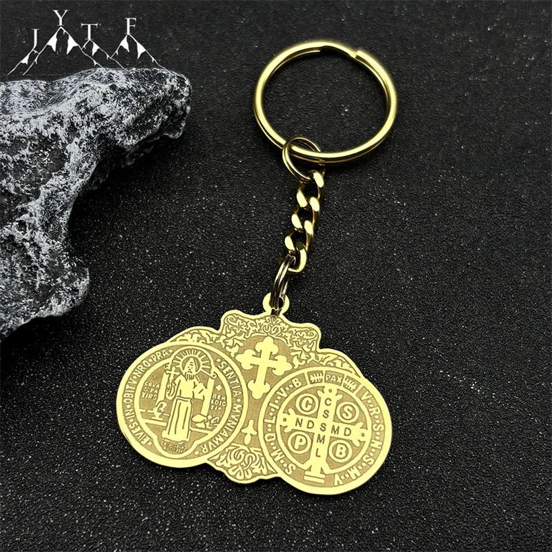 Catholic Saint Benedict Cross Medal Key Rings for Women Men Stainless Steel Gold Color Religious San Benito Key Chain Jewelry