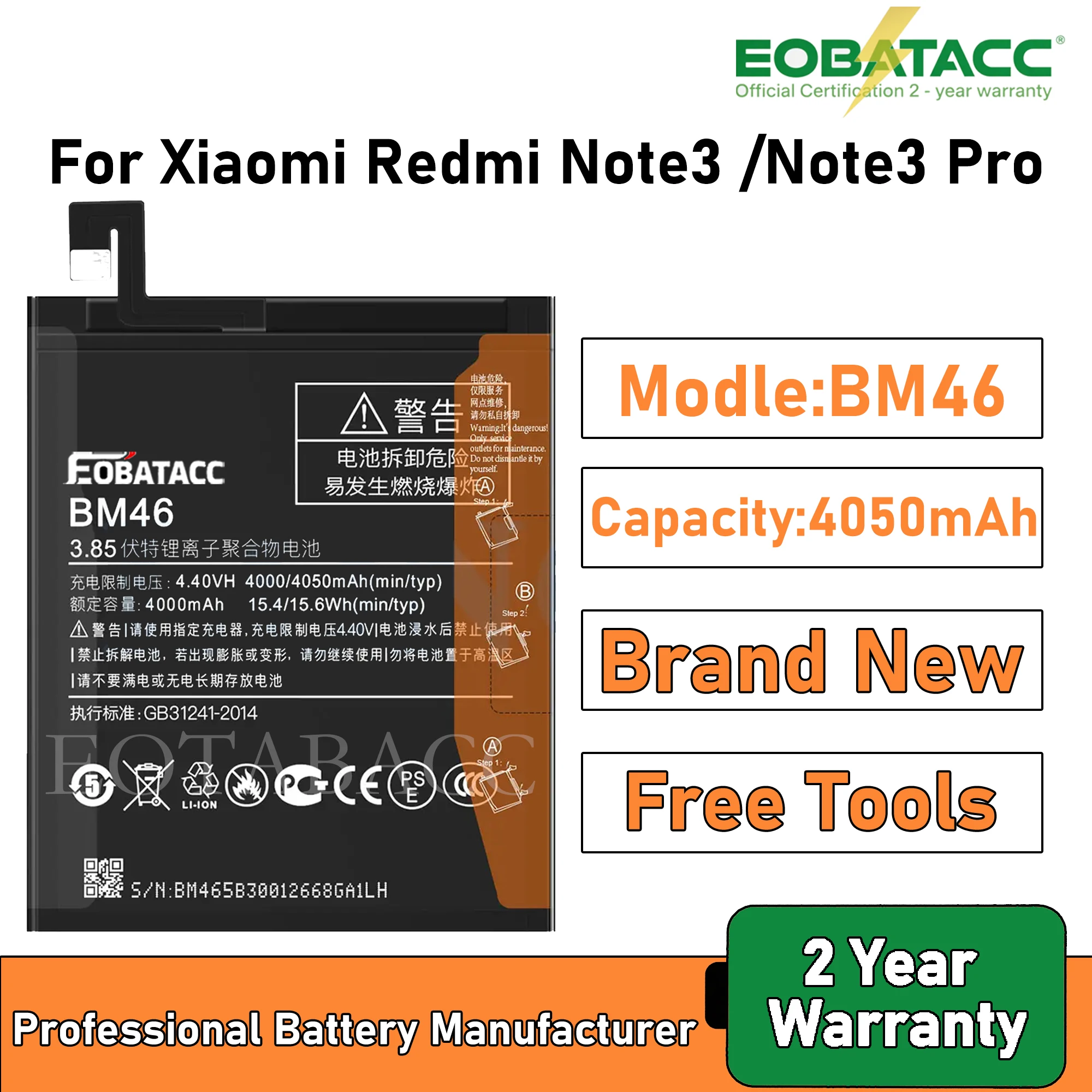 

2025 Years EOBATACC 100% New BM46 Battery For Xiaomi Redmi Note3 /Note3 Pro 4050mAh Batteries+Free Tools