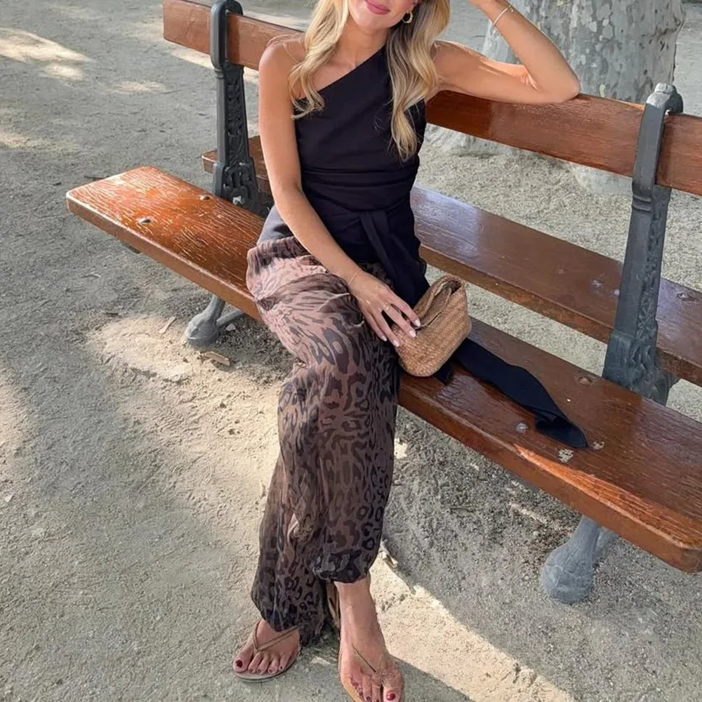 KONDALA Vintage imprimé léopard en mousseline de soie pantalons longs taille haute jambe large lanterne pantalon mode 2025 automne Boho vacances pantalon