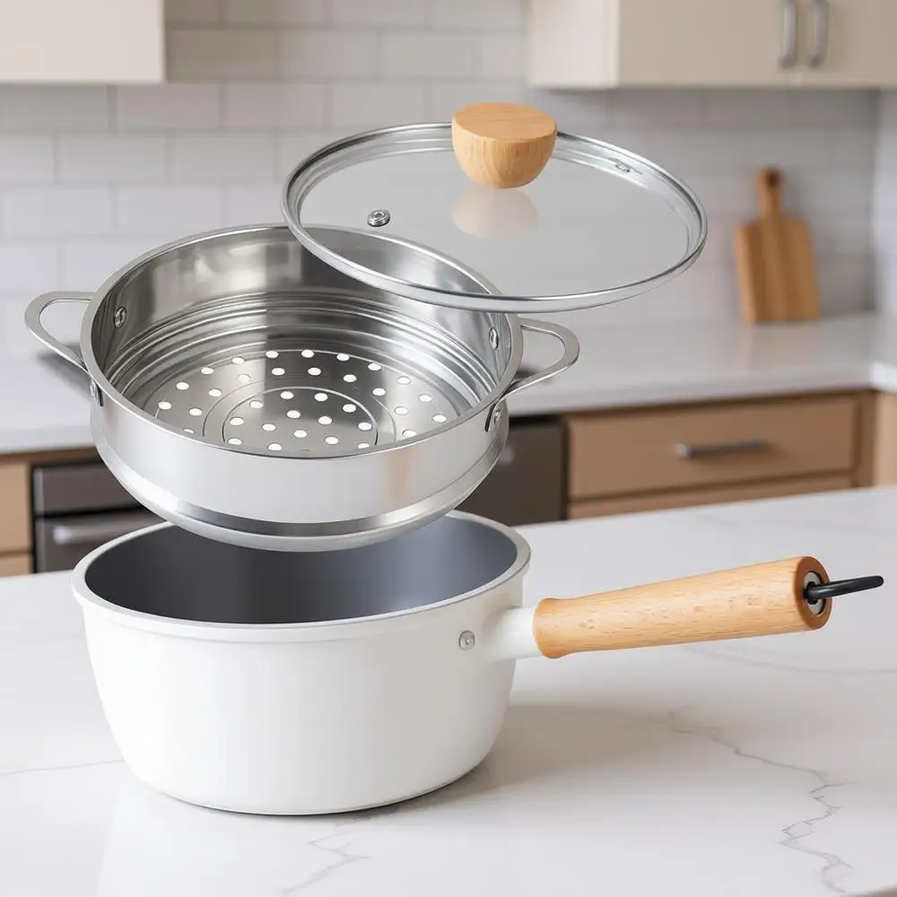 

3-литровая кастрюля с антипригарным покрытием и пароваркой, деревянная ручка, Cool Touch, подходит для газовых, электрических и индукционных плит, белая