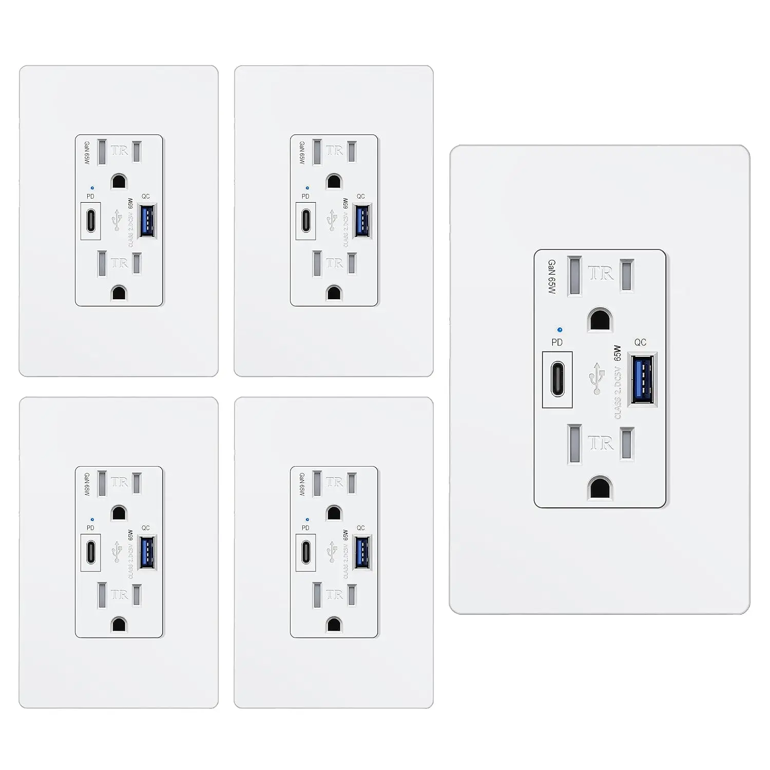 5 Pack GaN 65W USB C Wall Receptacle for Laptop, 15A High Speed Charging Power Outlets with USB Ports, Type C Supports PD 3.0