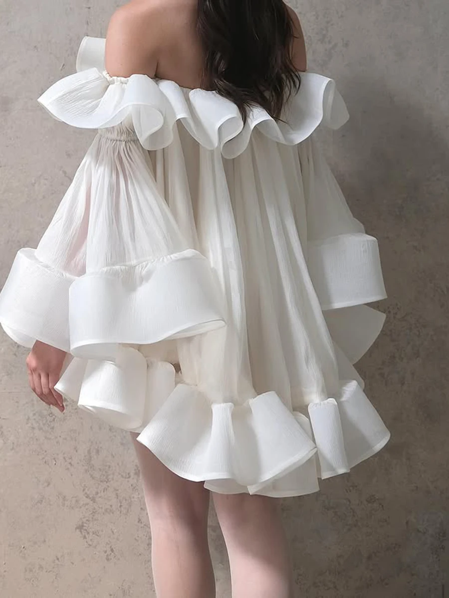 TWOTWINSTYLE Solid Sheer Spliced Ruffles Folds Mini Dresses for Women Slash Neck Long Sleeves Elegant Dress Female Clothing New