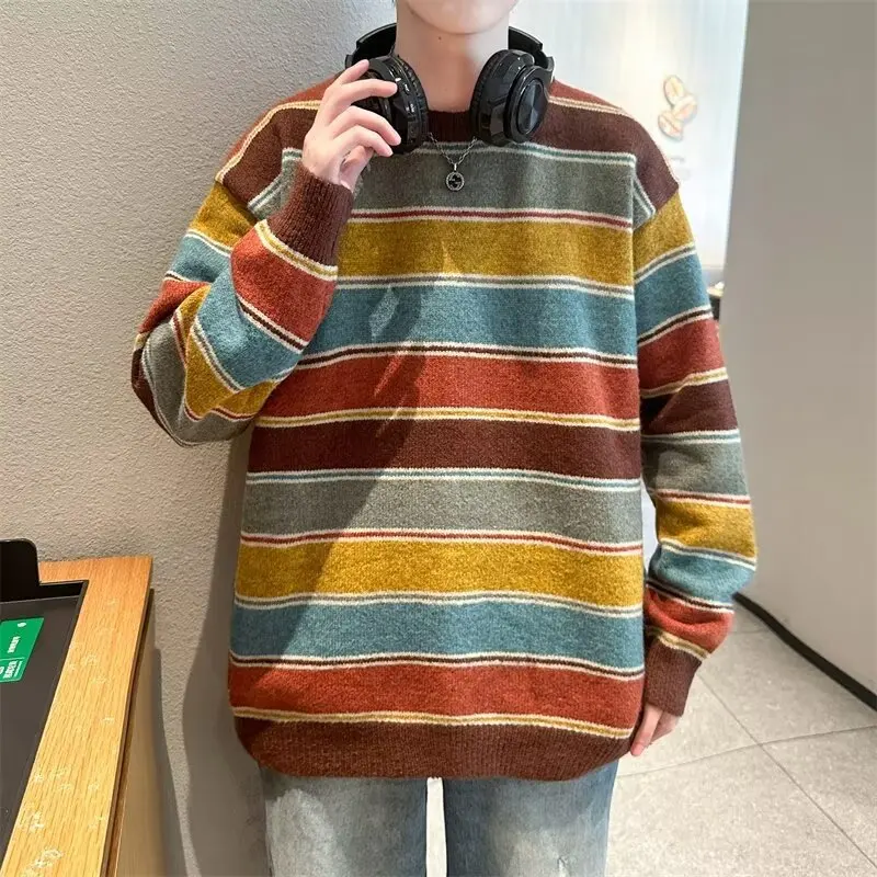 

Men's Casual Striped Sweater Autumn Winter Korean Sle Retro Hong Kong Aosphere Color Blo Long Sve round Ne Knitted...