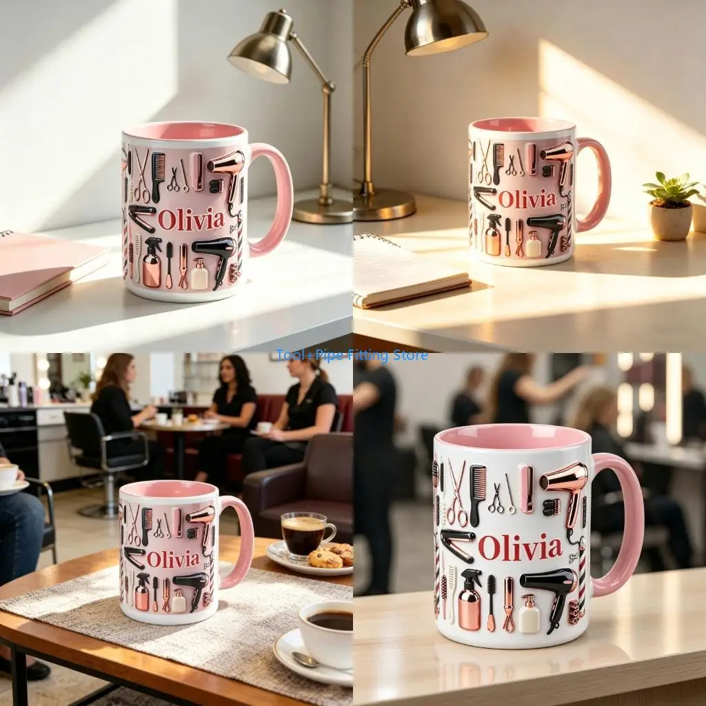 F92B Delicate Pink Barber Inspired Ceramic Cup With Spacious Handle Elegant Hair Studio Cup For Easy Holding And Sipping