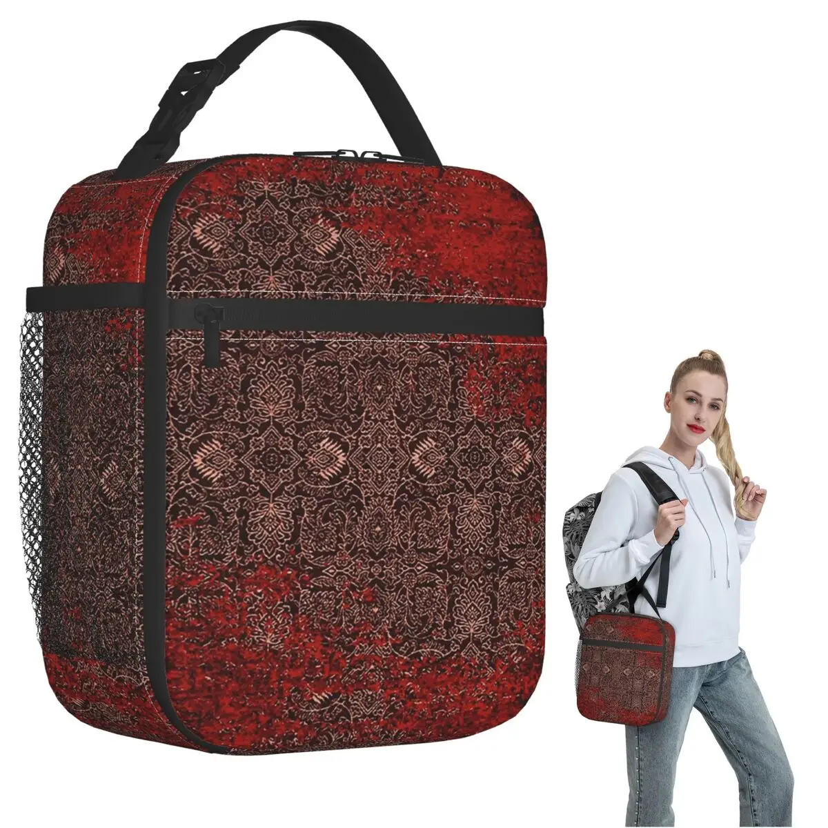 Red Vintage Oriental Traditional Moroccan Artwork Insulated Lunch Bag Women Children Portable Food Boxes Thermal Lunch Box Tote