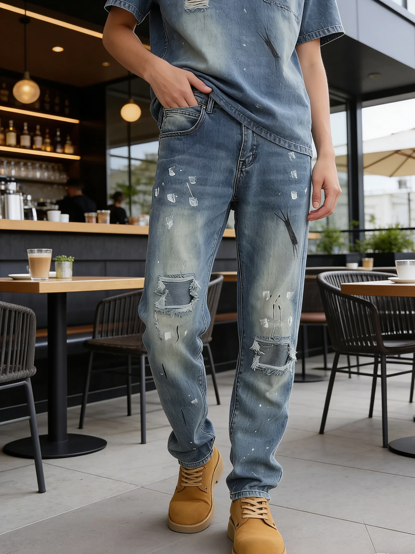 

Vintage distressed splatter ink jeans for men with patch and ripped design, straight-leg fit, high street trendy brand long pant