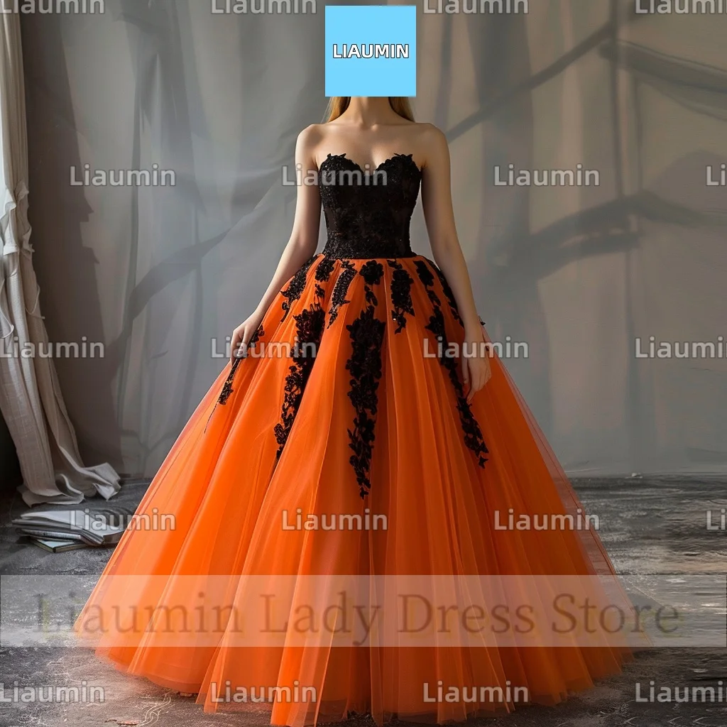 Klasik Orange Tulle hitam renda Applique gaun pesta tanpa tali gaun Formal Prom pakaian malam renda kembali A4-11.8 khusus