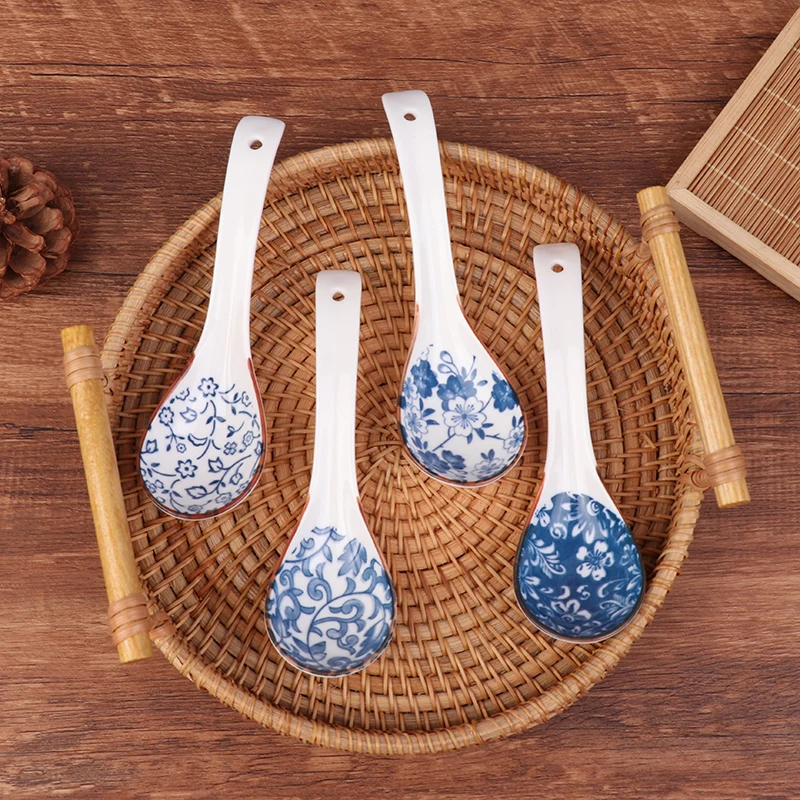 1Pc Blue And White Porcelain Soup Spoon Household Tableware Retro Japanese Style Ceramic Soup Spoons For Home Restaurant