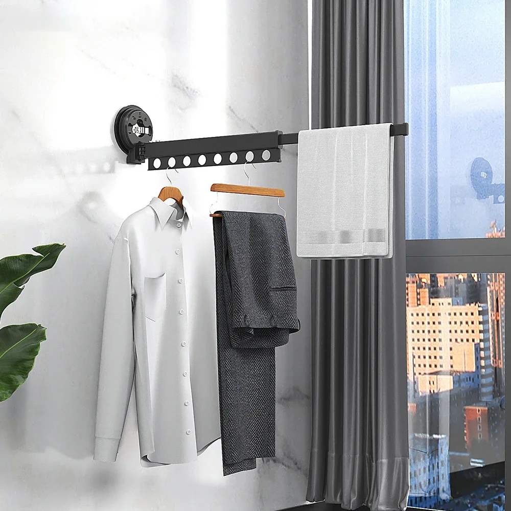Folding Clothes Rack Aluminum Clothes Hangers Black Wall Mount Rack Drying Rack Sucker Install Clothes Home Laundry Clothesline