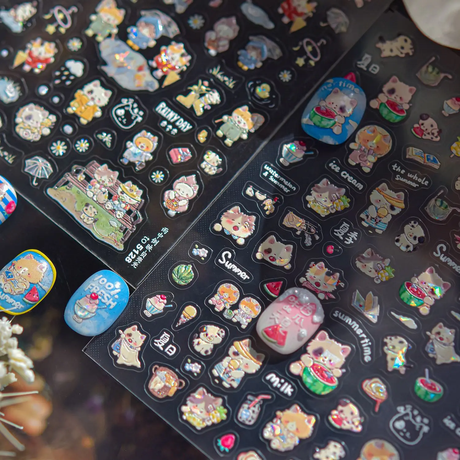 Kittens Eat Watermelon Cat Rainy Day Umbrella Daisy Cherry Ice Cream Dog Puppy Fence Nail Art Sticker Summertime Manicure Decals