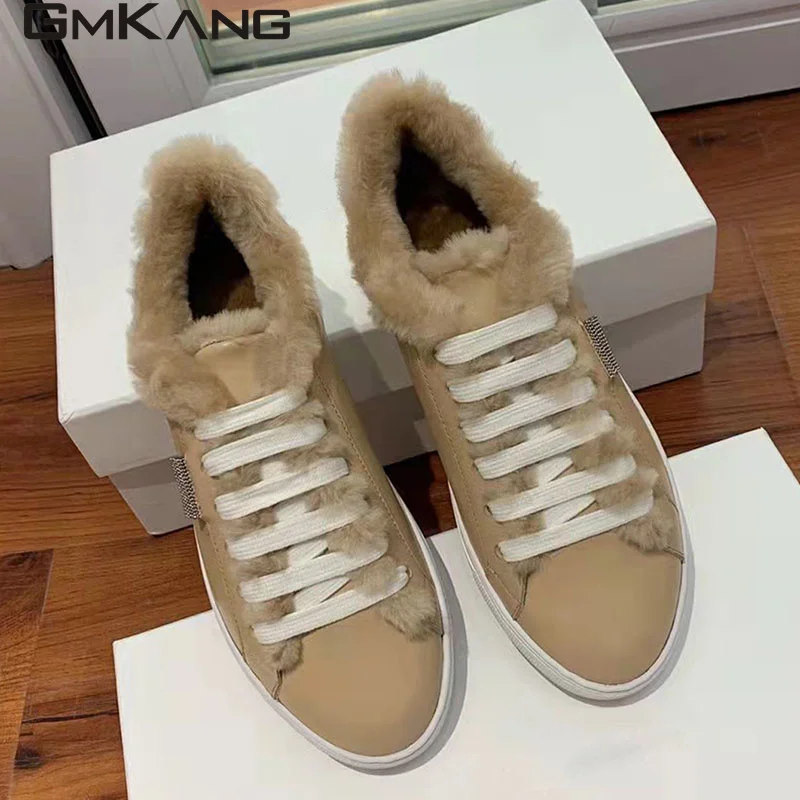 New Thick Sole Fur Snow Boots Women Round Toe Lace Up Genuine Leather Wool Warm Flat Woman Shoes Winter Botas Femininas