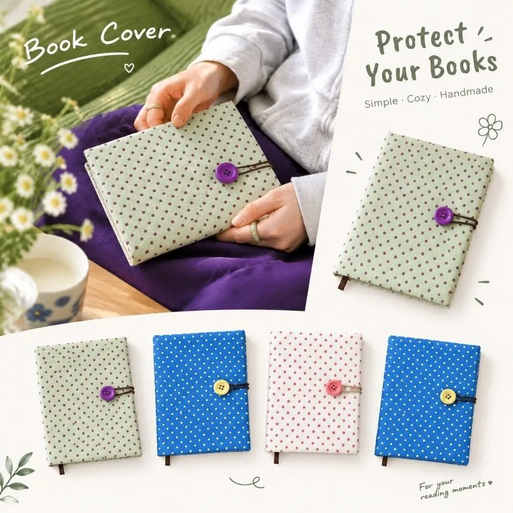 New Lightweight Book Cover Button Closure Polka Dot Journal Protective Sleeve Cloth Fabric Diary Cover Back to School