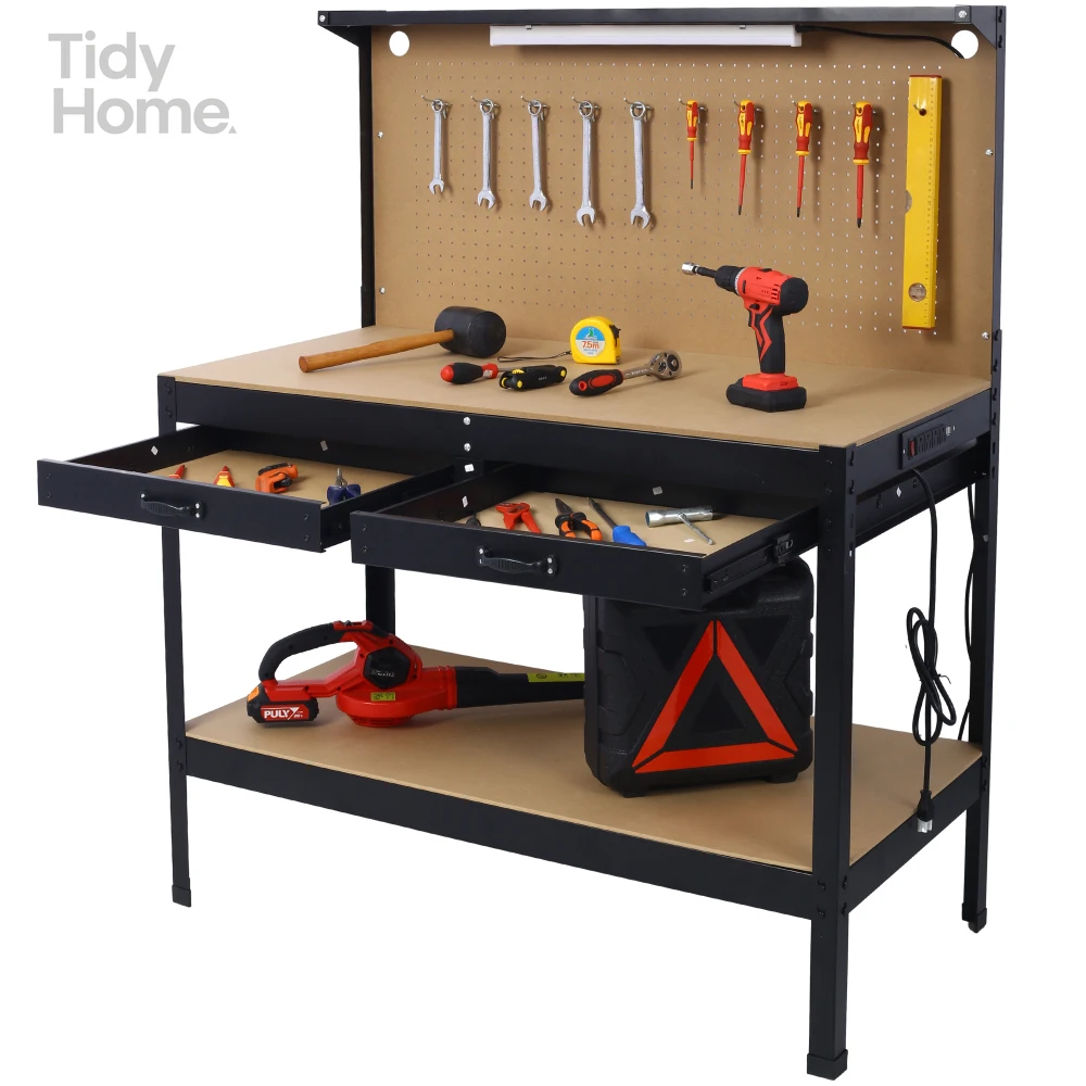Steel Workbench WITH led light, Tool Storage Work Bench, Workshop Tools Table WITH Drawer and Peg Board , built-in power panel