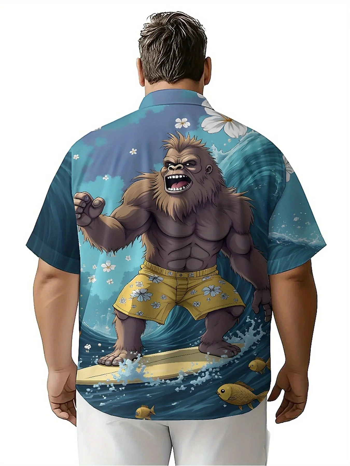 قمصان هاواي للرجال مقاس كبير بنمط ركوب الأمواج الاستوائي Sasquatch، قمصان صيفية غير رسمية، مناسبة للحفلات الخارجية، ملابس الشارع