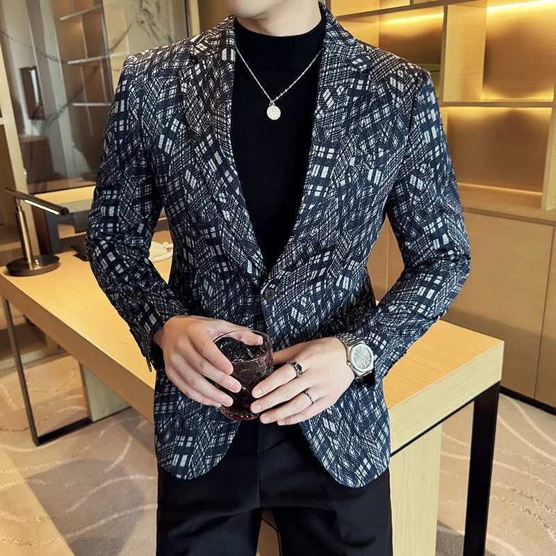 Korean Fashion Plaid Suit Jacket Men Slim Fit Casual Business Formal Blazers Wedding Groom Banquet Party Dress Coat Men Clothing