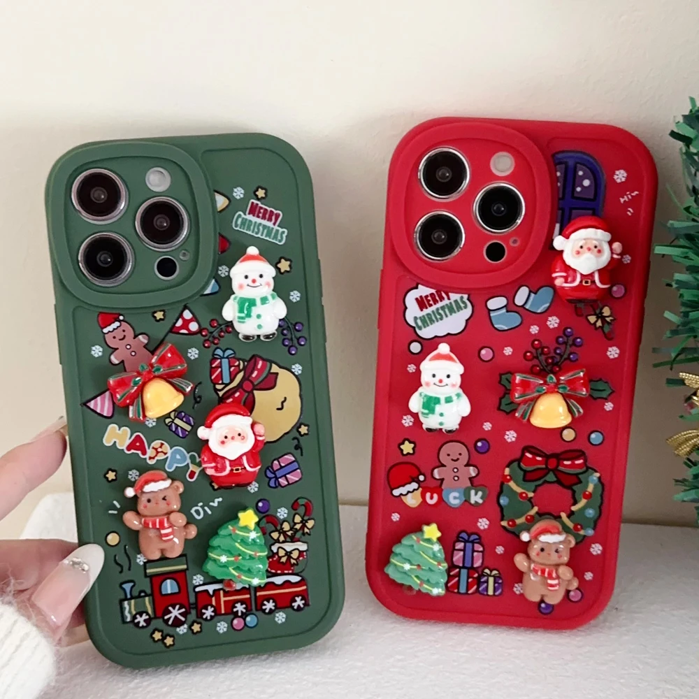 Coque de téléphone souple avec poupées mignonnes 3D, bonhomme de neige, père Noël, iPhone 11, 12, 13, 14, 15, 16 Pro Max, joyeux Noël, arbre, couverture arrière, cadeau de Noël