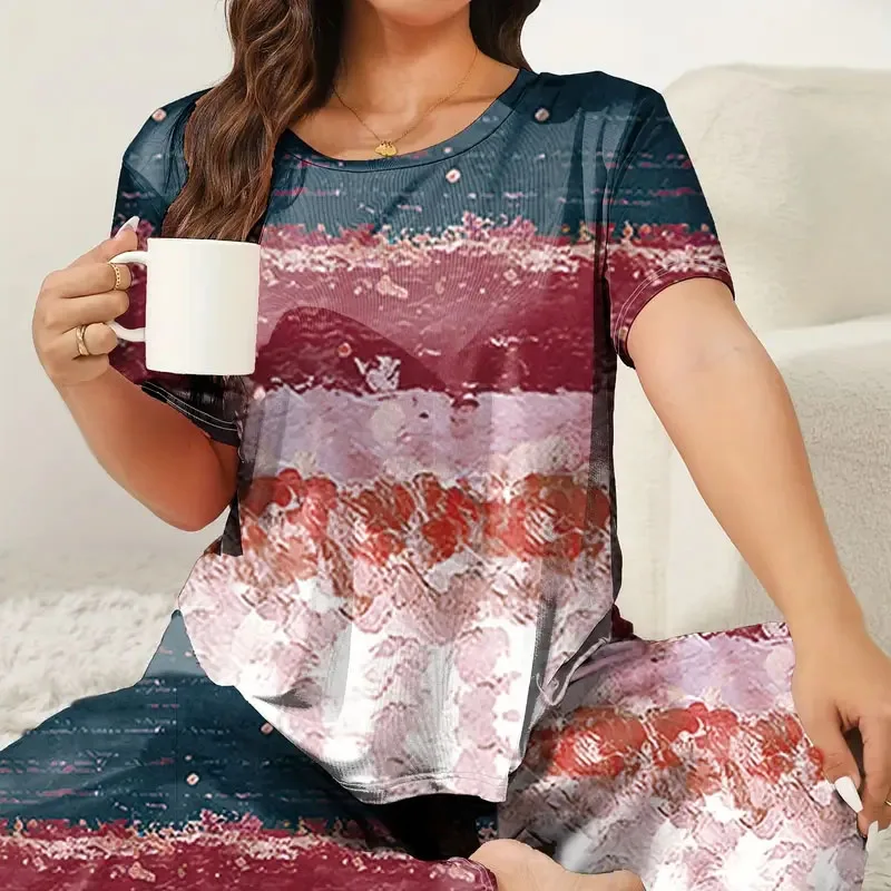 

Женский топ с короткими рукавами и брюки с круглым вырезом, комплект из двух предметов для дома/пижамы, повседневный пижамный комплект с принтом.