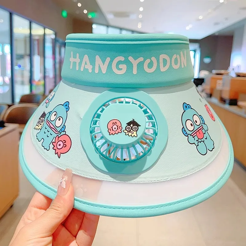 Kawaii Sanrioed Keroppi Hanyodon Cinnamoroll Cute Child Summer Empty Hat with Fan Girl Sunhat Anti-Uv Chargeable Festival Gift