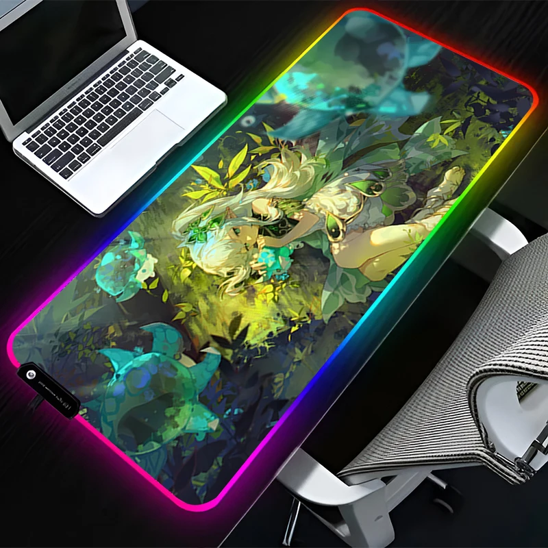 RGB LED Mouse Pad G-genshin Impact Nahida HD Pattern Gaming Mats Rubber Mousepad PC Accessories Extended Pad Non Slip Desk Mat
