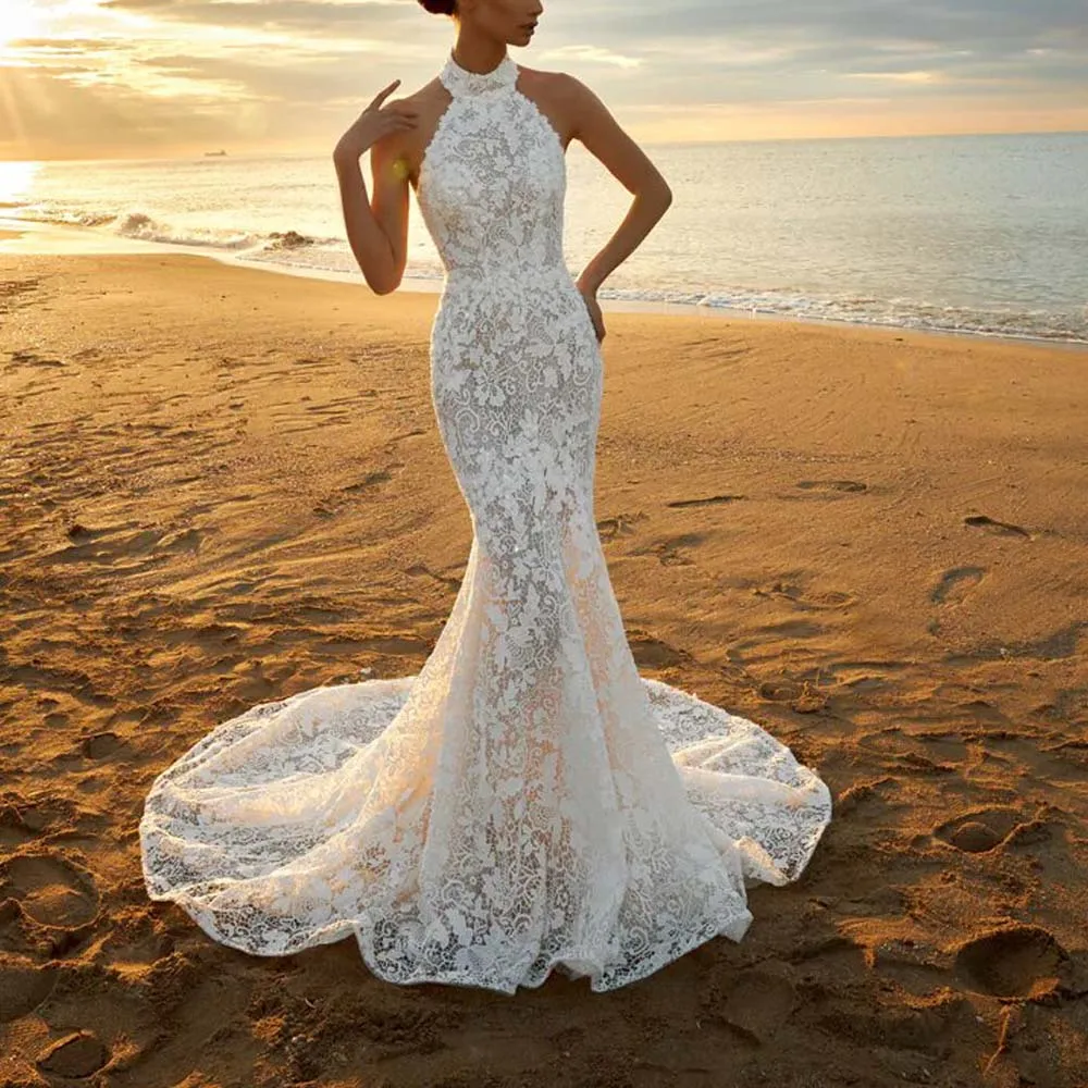 Customized Halter Backless Floral Lace Mermaid Wedding Dress Beach Bridal Gown with Court Train Fishtail Long Robe De Mariage