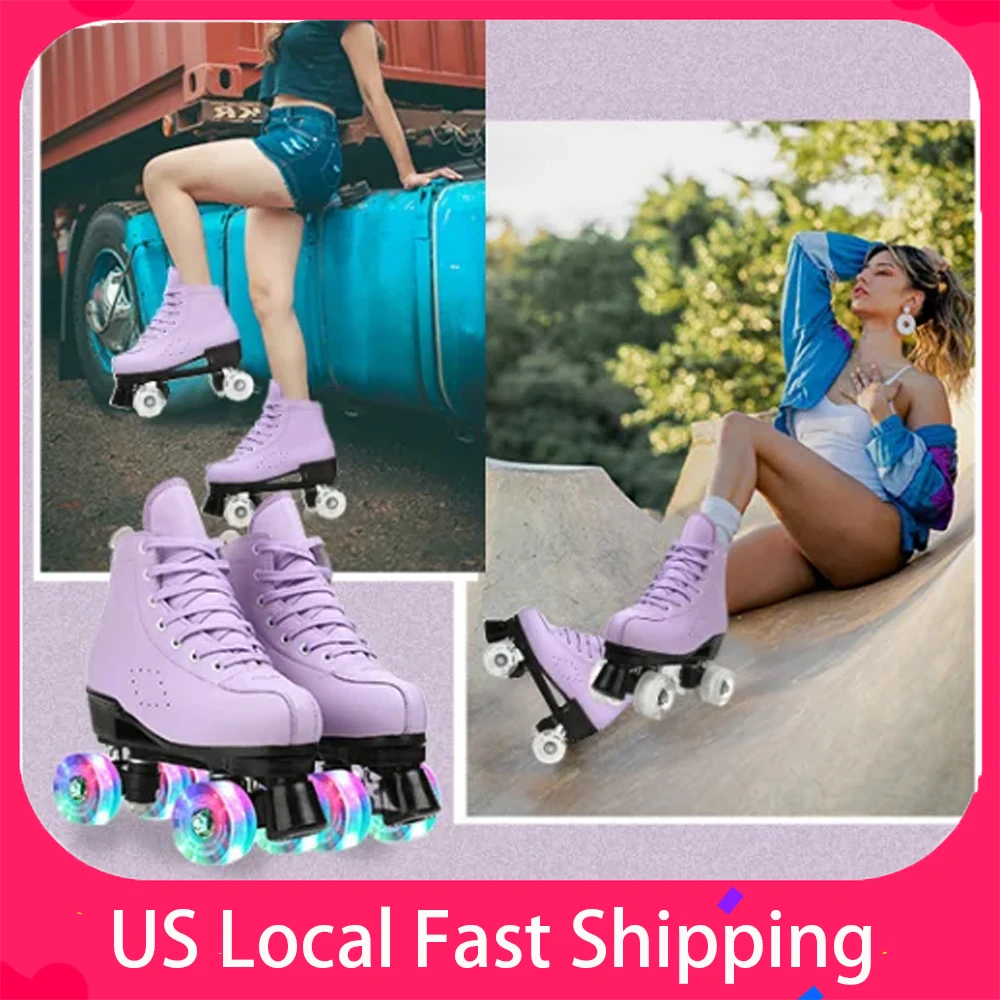 Sepatu Roda Kulit PU Sepatu Skating Sliding Inline Quad Skates Sepatu Wanita Sepatu Roller Skating Putih 4 Roda Roda Flash