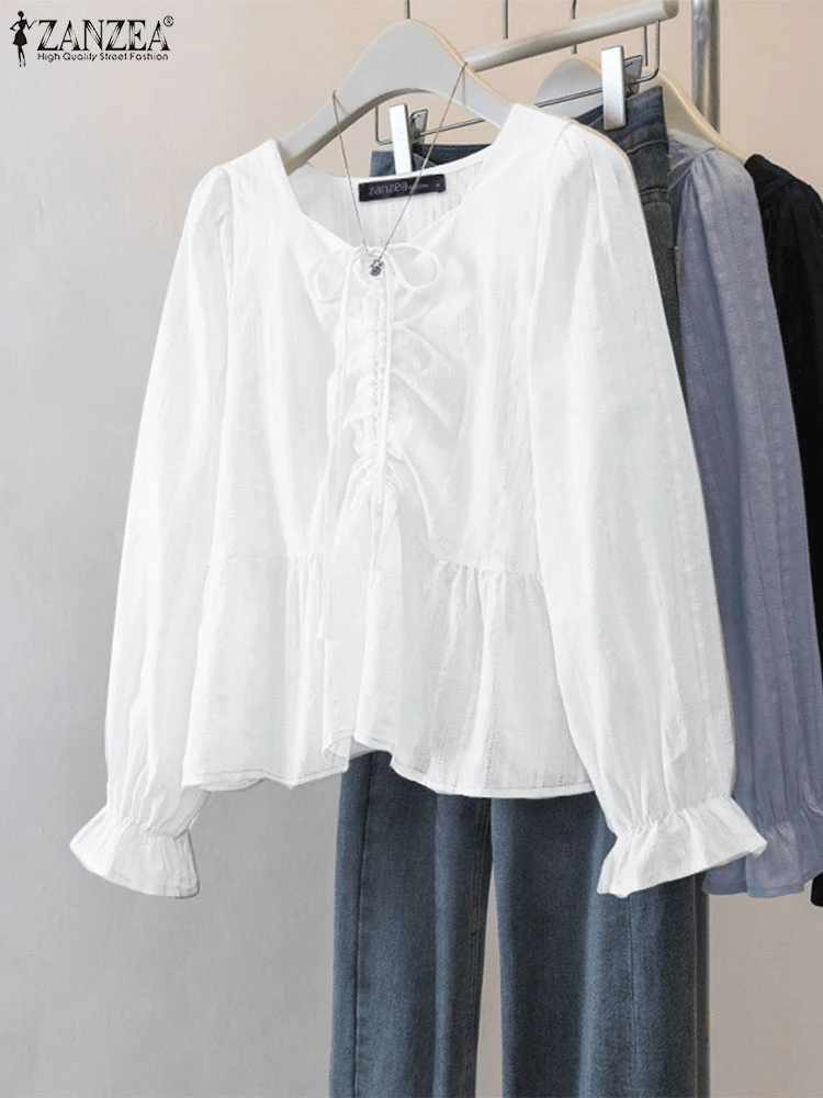 

ZANZEA Elegant Fashion Women Blouses Lace-Up Square Neck Long Sleeve Openwork Textured Blusas Mujer Autumn Ruffled Hem Tops