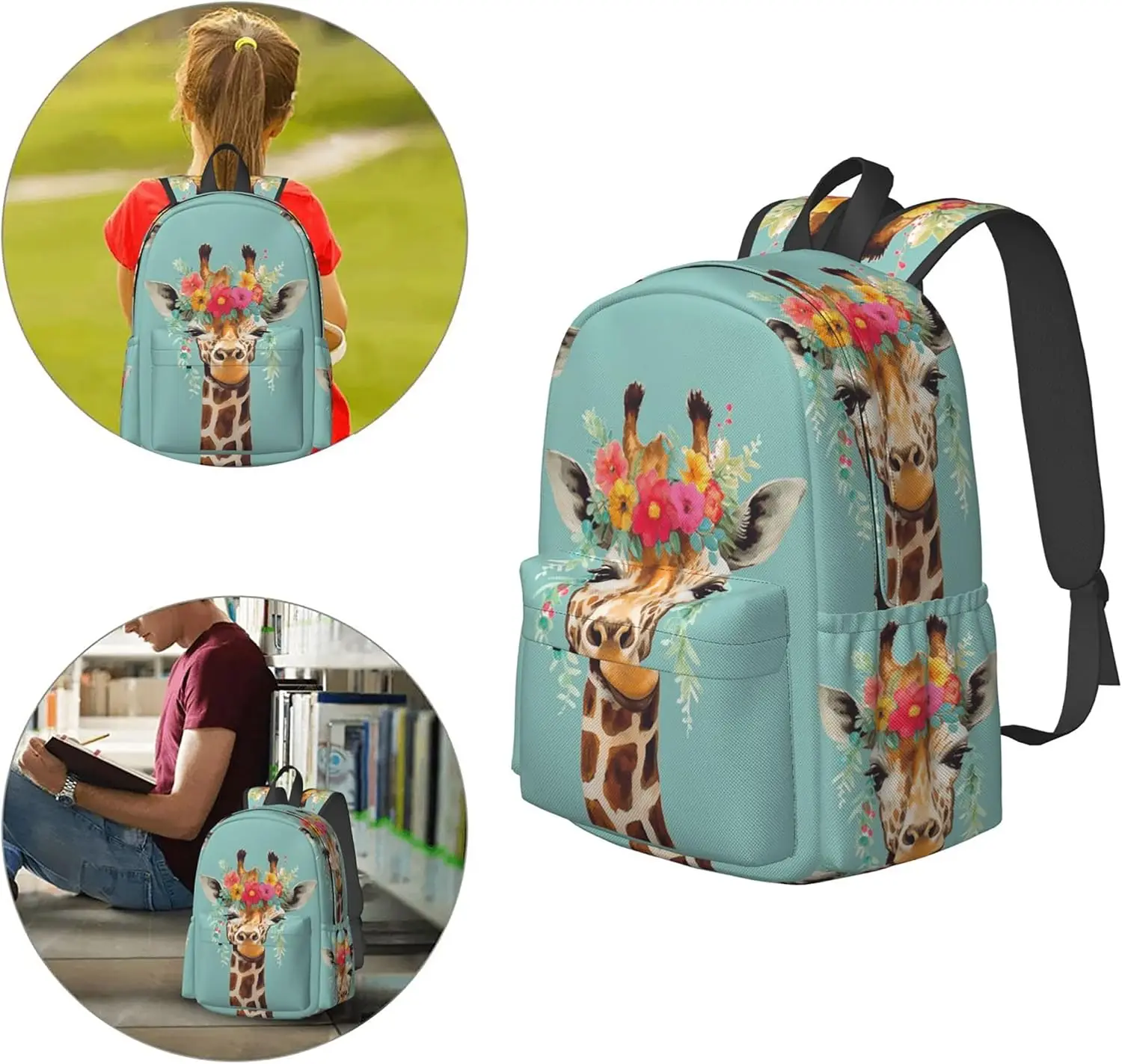 backpack Giraffe with Floral Headpiece Laptop Backpack Full Print School Bookbag Shoulder Bag for Travel Daypack