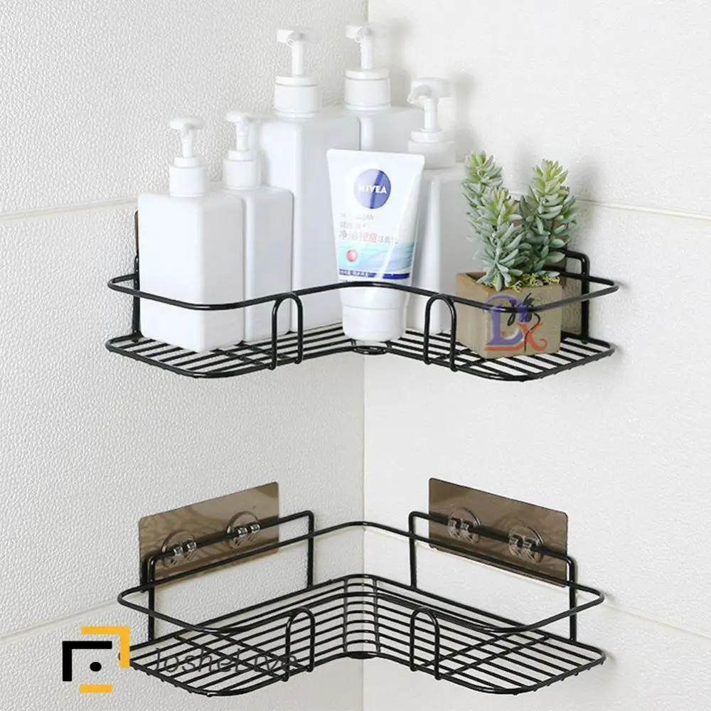 Wrought-iron Bathroom Shelf, Corner Non-perforated Storage Rack, Wash Rack, Kitchen Self-adhesive Tripod With 4 Hooks