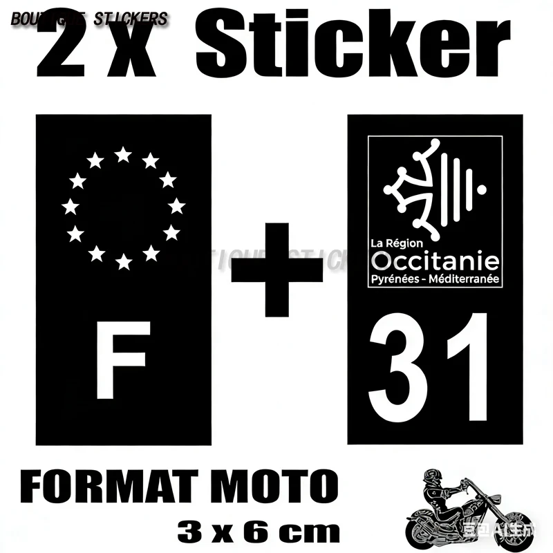 

2Pcs Autocollant plaque d'immatriculation française noir bleu F + département 31 Autocollant imperméable en PVC pour moto