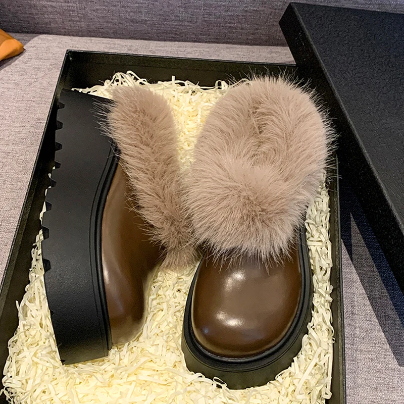 

Женские меховые тапочки на плоской подошве, туфли-лодочки на платформе с открытой пяткой, зимняя короткая плюшевая теплая уютная обувь, 2025 г., женские зимние сапоги, женские Zapatos