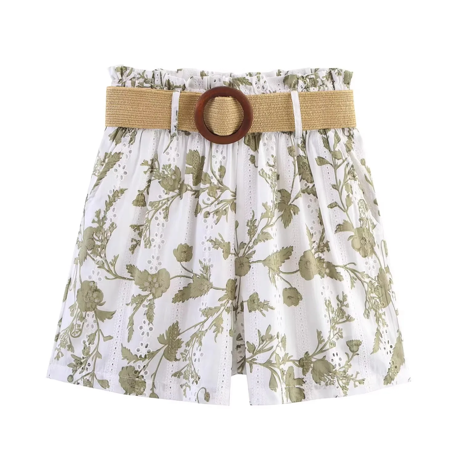 Taille haute pantalon court été dame vacances costume nouveau deux pièces ensemble court brodé à manches courtes haut col en V bouton Blouse