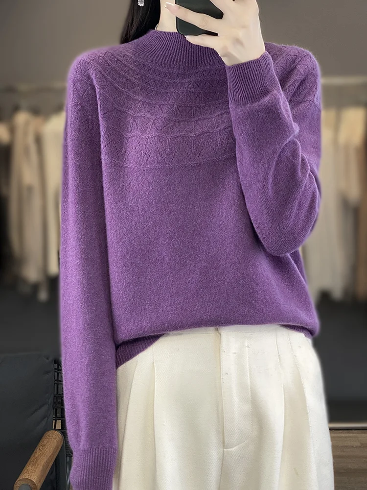 Autumn Winter Women's 100% Merino Wool Sweater Mock-Neck Pullover First Line Seamless Basic Casual Top Hollow out Women Clothing