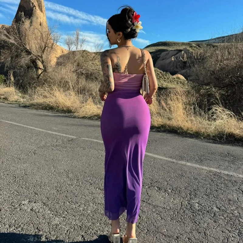 Europa e américa vento feminino verão nova moda envolto menina quente magro gradiente vestido dupla camada