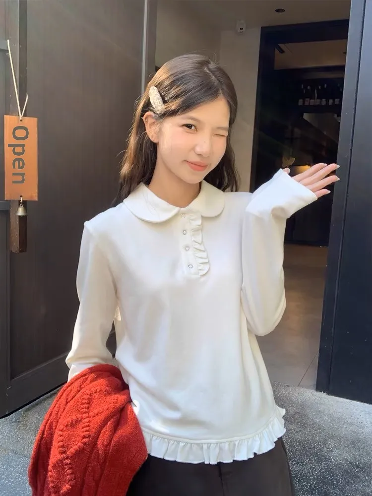 

Милый весенне-осенний корейский Sle White irt женский модный свободный крой с высокой талией и длинным шариковым воротником-стойкой