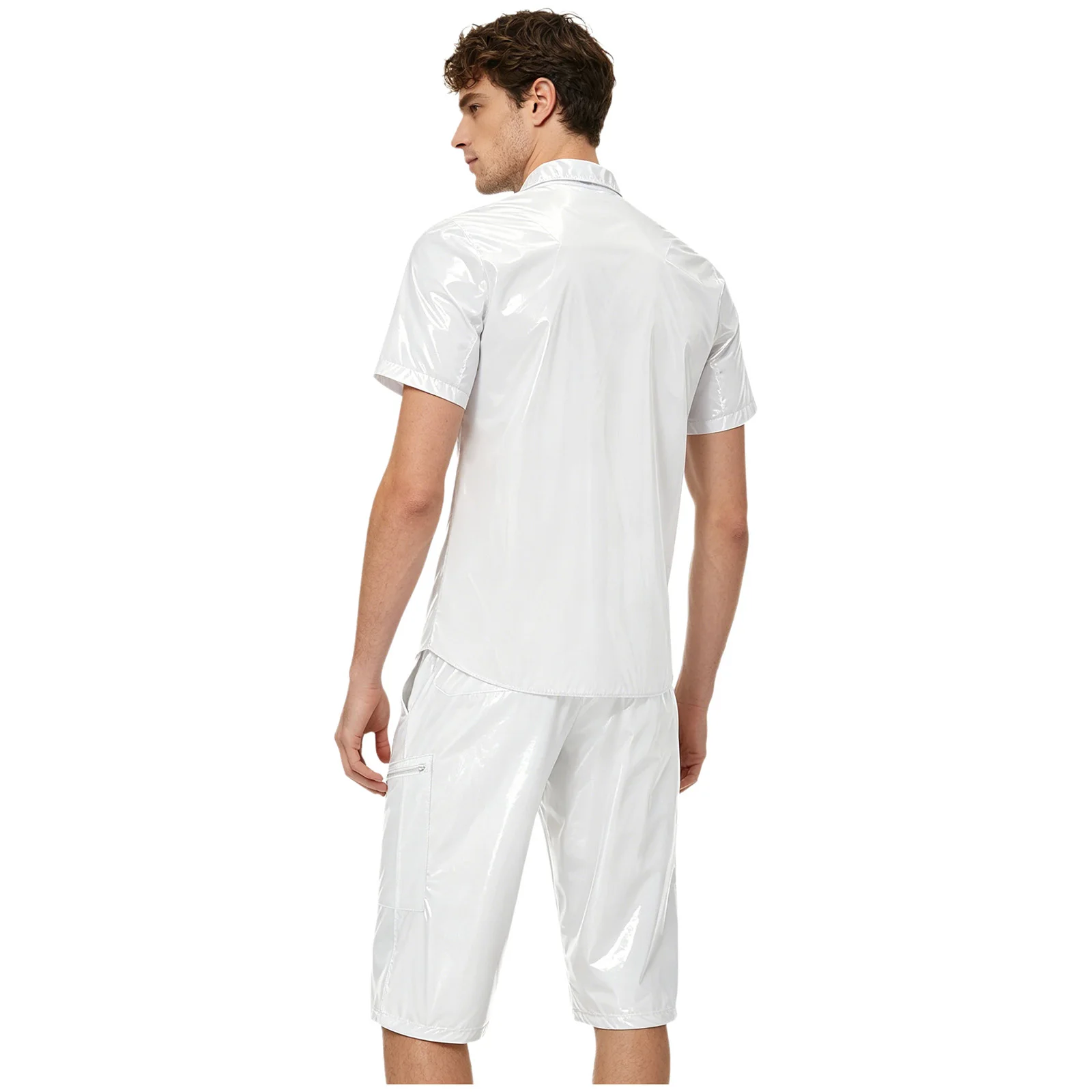Men's Waterproof Tracksuit Short Sleeve Front Button T-shirt Top with Cargo Shorts Capri Pants Beachwear Clubwear Streetwear view 3