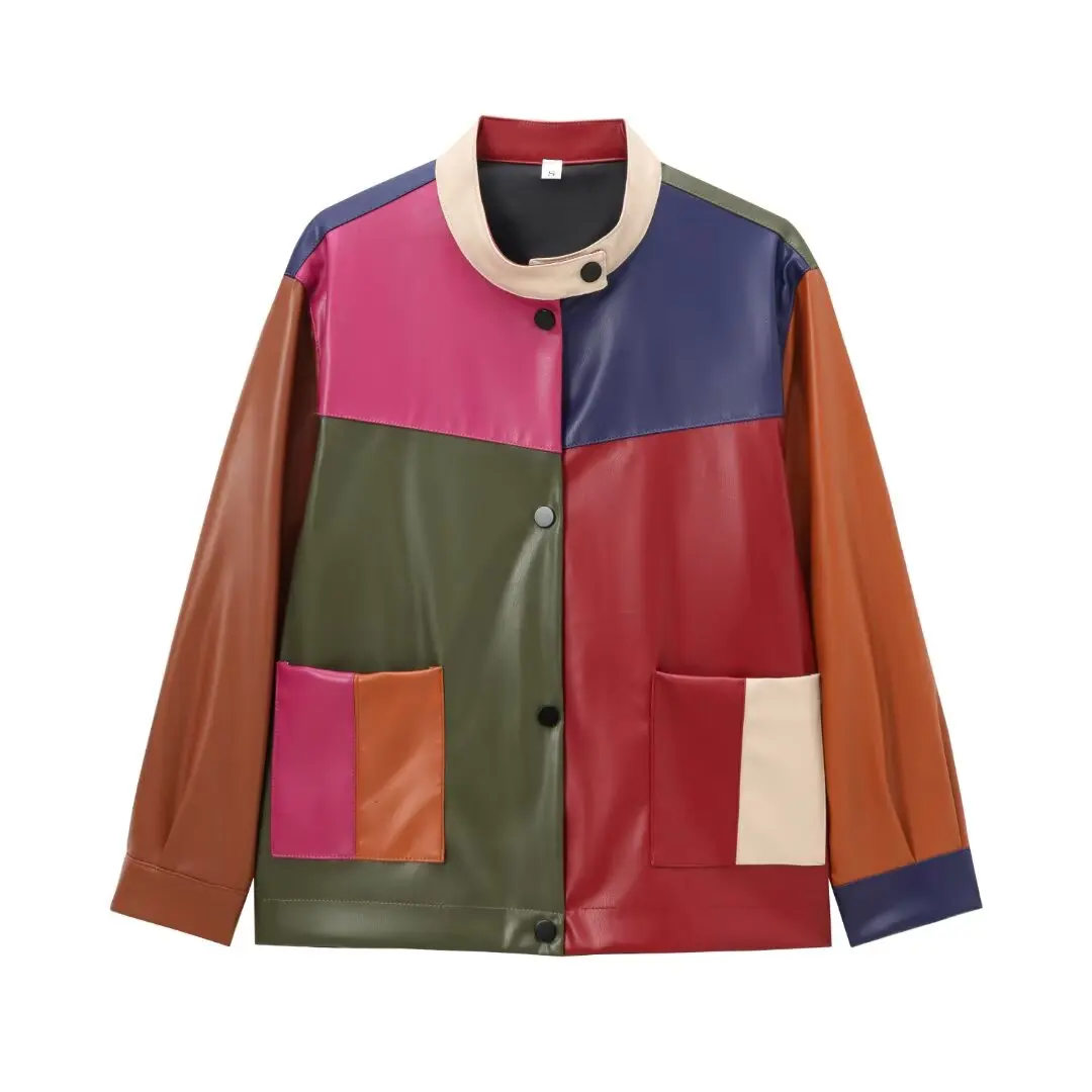 Faionable Stehkragen Patchwork Farbe Leder Jaet frauen Herbst Neue Sle JNLEAOG Französisch Sle Gerade Rohr Mantel