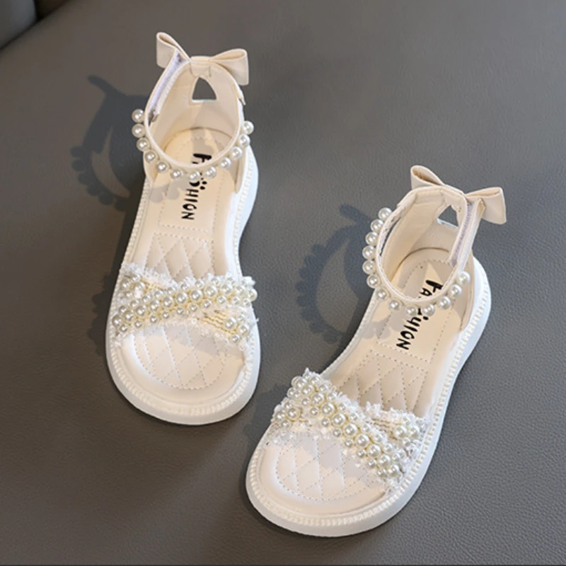 Summer Kids Sandals for Girls Elegant Pearl Bowknot Children Versatile Beach Shoes Fashion Open-toe Toddlers Princess Sandals