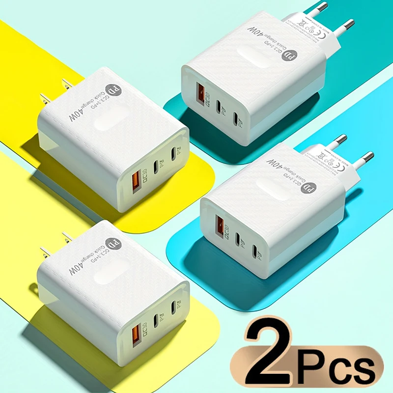 2PCS 40W PD Fast Charger 3Ports US EU Plug Wall Charger Adapter For iPhone 16 15 Xiaomi Huawei Samsung USB C Phone Charger