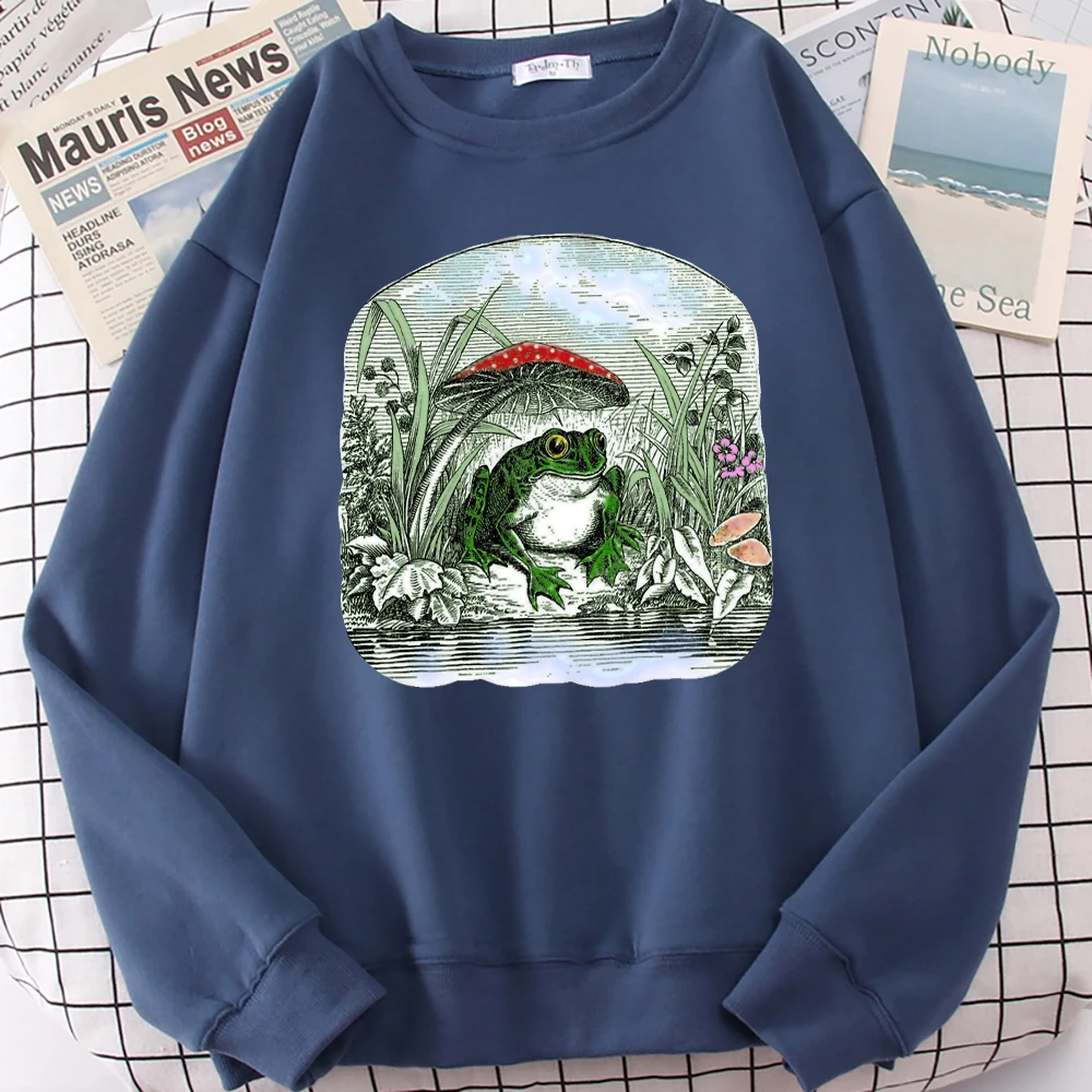 เสื้อสเวตเชิ้ตลายกบเห็ดสไตล์วินเทจสำหรับผู้หญิง ฮิปฮอป ลำลอง เสื้อผ้ากีฬาฤดูใบไม้ร่วง ผ้าฟลีซสำหรับวิ่งออกกำลังกาย